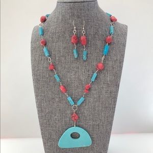 Red and turquoise necklace and earrings set